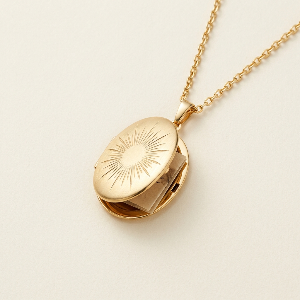TAORMINA Locket Necklace — 18K gold plated oval locket with sunburst engraving
